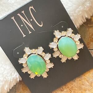 INC Oval Green Clear Rhinestone Statement Earrings New